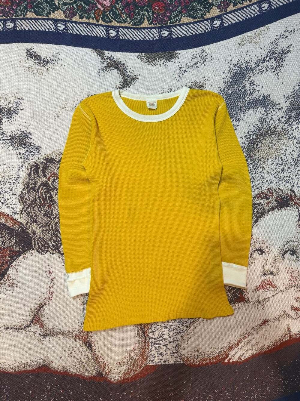 Vintage 60s70s Mustard Yellow Fruit of the Loom Waffle Knit Long Sleeve Thermal